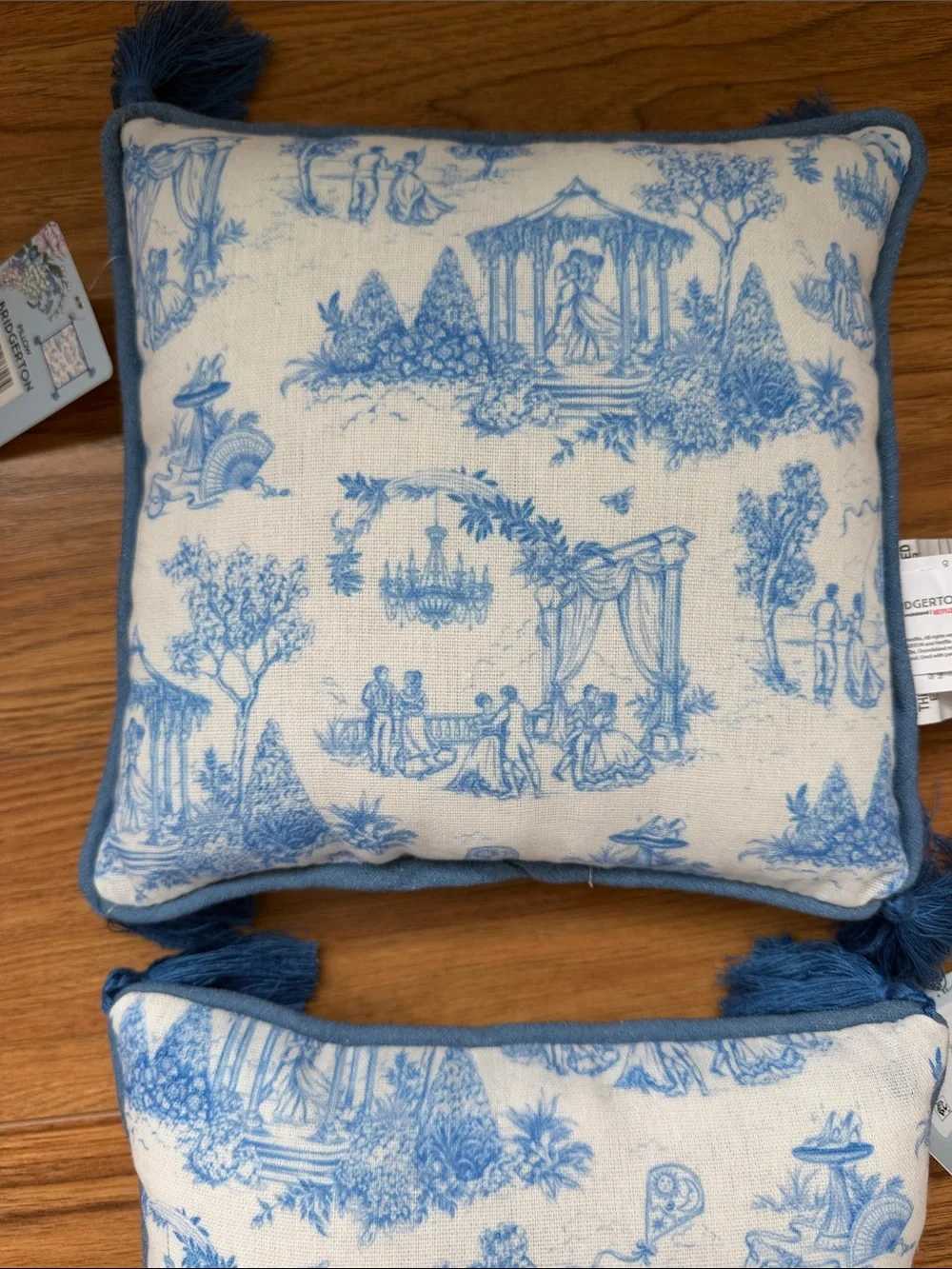 Set of 2 Blue and White Toile Throw Pillows with Tassels